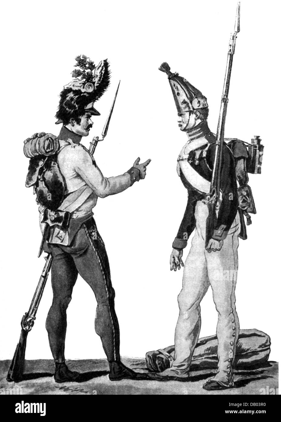 War of the Sixth Coalition 1812 - 1814, soldiers in field kit, left: Hungarian grenadier, right: Russian grenadier of the guard, contemporary engraving by Philippe Louis Debucourt, Additional-Rights-Clearences-Not Available Stock Photo