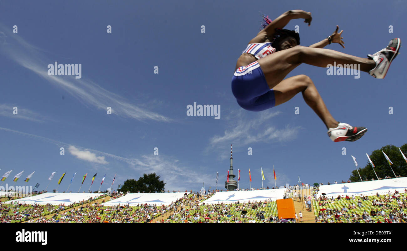French long jumper Eunice Barber is pictured during a jump at the SPAR European Cup in Munich, Germany, 24 June 2007. Photo: Peter Kneffel Stock Photo