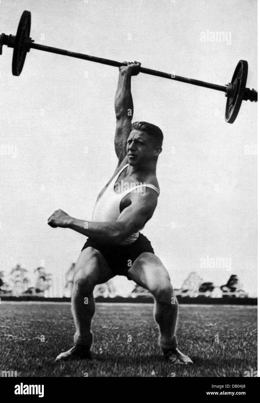 sports, weight lifting, jerk, German weightlifter Obschruf (Trier), 1935, Additional-Rights-Clearences-Not Available