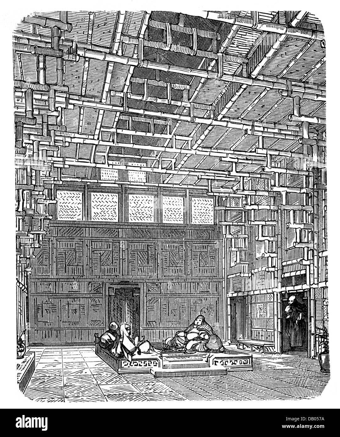 architecture, building, Chinese house made of bamboo, interior view, wood engraving after drawing by Eugene Viollet-le-Duc, late 19th century, bamboo, Asia, Asian, Asiatic, China, home, dwelling, homes, dwellings, residential house, residential houses, architectural design, architectural style, architectural styles, historic, historical, Viollet le Duc, people, Additional-Rights-Clearences-Not Available Stock Photo