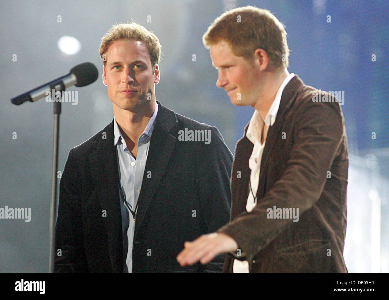 Britain's Princes Harry (R) and William (L) speak to the audience during the Concert for Diana at the Wembley stadium of London, United Kingdom, 01 July 2007. The charity concert in favour of the 'Princess Diana's Patronages and Memorial Fund', 'Centrepoint' and 'Sentebale' was organised in memory of Diana, Princess of Wales on what would have been her 46th birthday. Photo: Hubert  Stock Photo