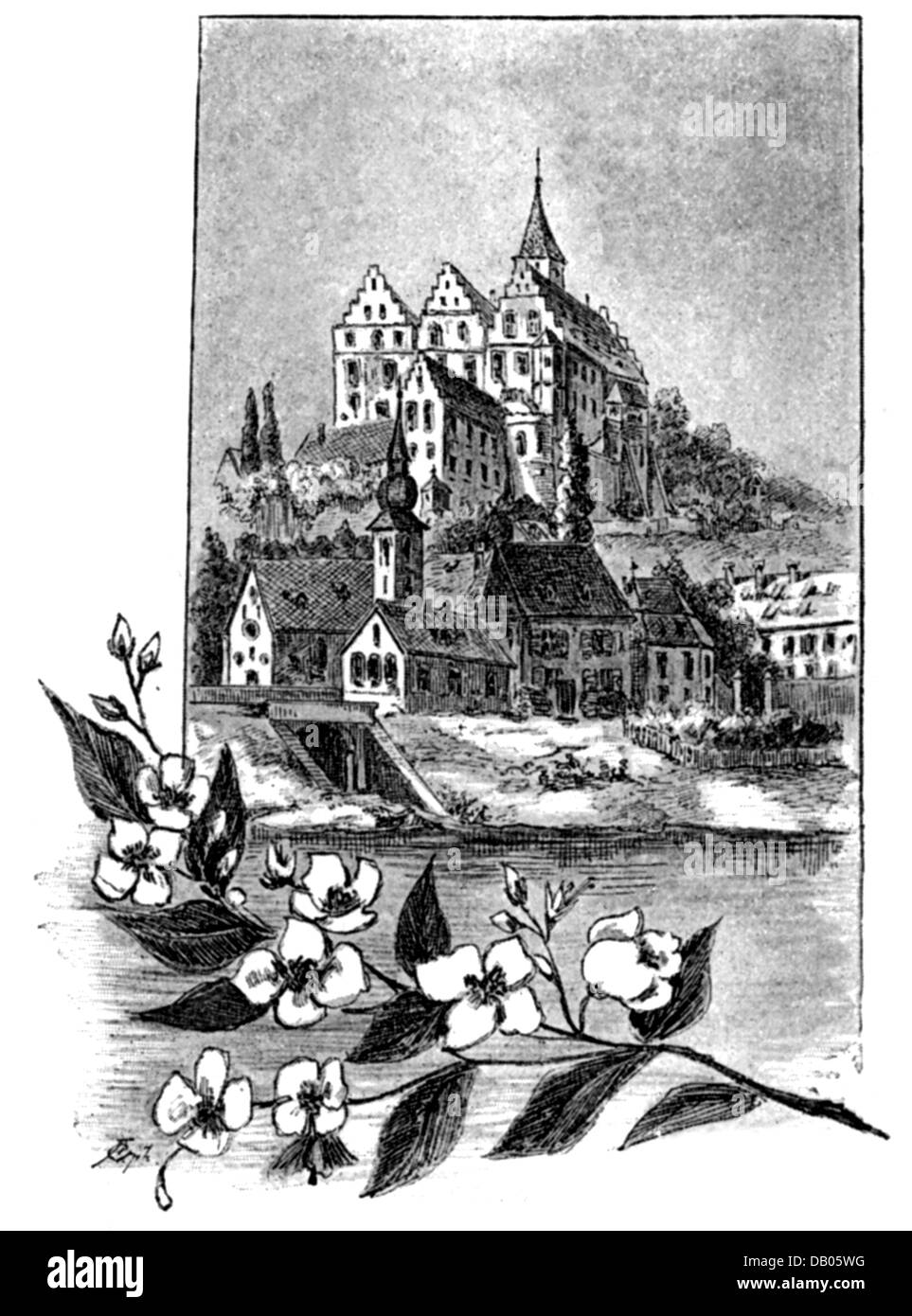 geography / travel, Germany, castles, Mainberg Castle, exterior view, wood engraving, late 19th century, mount, mountain, Lower Franconia, Kingdom of Bavaria, German Empire, Imperial Era, Central Europe, historic, historical, Additional-Rights-Clearences-Not Available Stock Photo