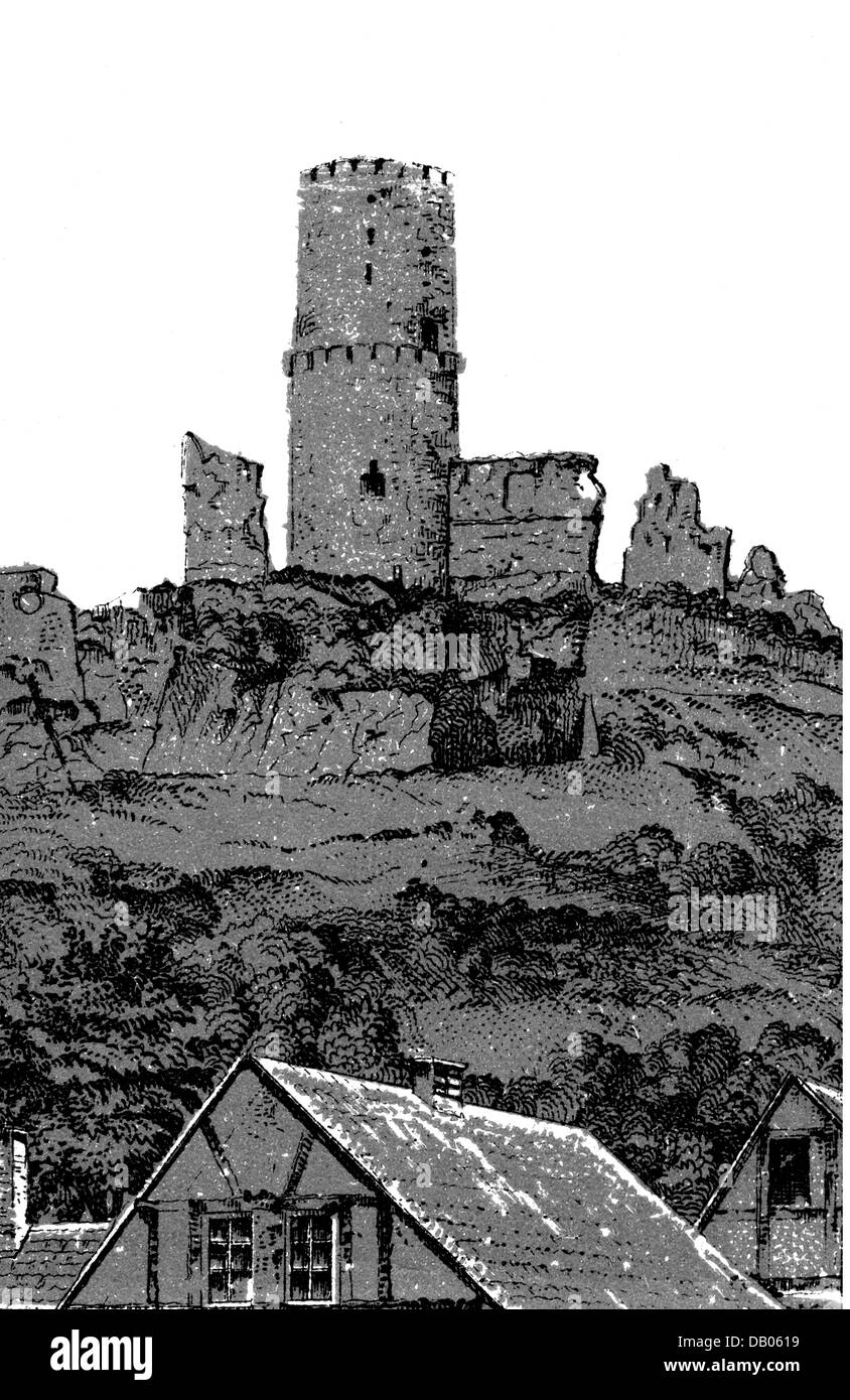 geography / travel, Germany, Bonn, castles, Godesburg, ruin, exterior view, illustration, early 20th century, Bad Godesberg, donjon, tower, castle, Prussia, Rhine Province, North Rhine-Westphalia, North Rhine-Westphalia, North-Rhine, Rhine, Westphalia, Nordrhein-Westfalen, Nordrhein-Westphalen, Central Europe, historic, historical, 1900s, 1910s, Additional-Rights-Clearences-Not Available Stock Photo