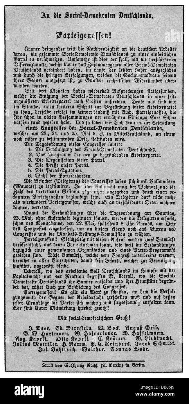 politics, Germany, parties, social democrats, unification congress of the Social-Democratic Labour Party (Sozialdemokratische Arbeiterpartei, SDAP) and the General German Workers' Association (Allgemeiner Deutscher Arbeiterverein, ADAV) in Gotha, 22.- 27.5.1875, Additional-Rights-Clearences-Not Available Stock Photo
