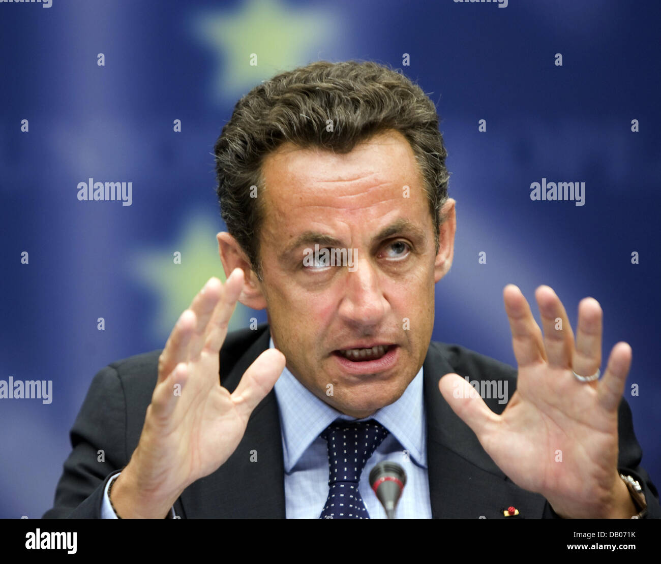 French President Nicolas Sarkozy pictured during a press conference at the EU headquarters in Brussels, Belgium, 09 July 2007. Photo: Thierry Monasse Stock Photo
