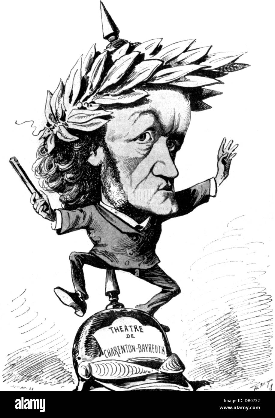 Wagner, Richard, 22.5.1813 - 13.2.1883, German composer, conducting with laurel wreath on spiked helmet, caricature, by Henry Meyer, from 'Le Sifflet', wood engraving, Paris, 1876, from Karl Eugen Schmidt, Richard Wagner in French caricature, Stock Photo