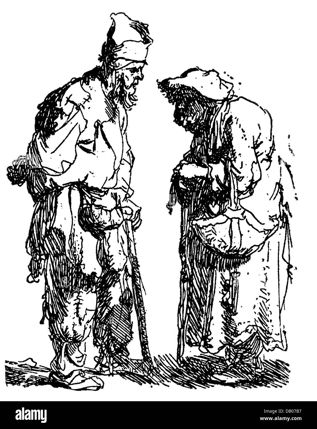 Rembrandt, Harmensz van Rijn, (1606 - 1669), etching, 'Beggar couple', 1630, 7,7 x 6,7 cm, Additional-Rights-Clearences-Not Available Stock Photo