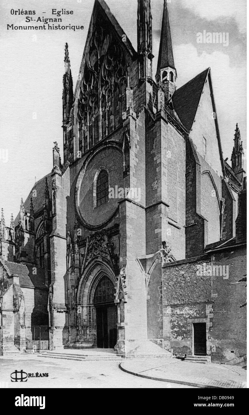 geography / travel,France,Orleans,churches,St. Aignan,built: 1439 - 1509,exterior view,picture postcard,circa 1900,19th century,20th century,Middle Ages,Gothic style,Gothic period,pointed arches,tracery,portal,porch,portals,porches,collegiate church,collegiate churches,Western Europe,Europe,architecture,picture postcard,picture postcards,postcard,postal card,postcards,postal cards,churches,church,beadhouse,bedehouse,sacred building,sacred buildings,at the turn of the 19th / 20th century,historic,historical,medieval,1900s,Additional-Rights-Clearences-Not Available Stock Photo