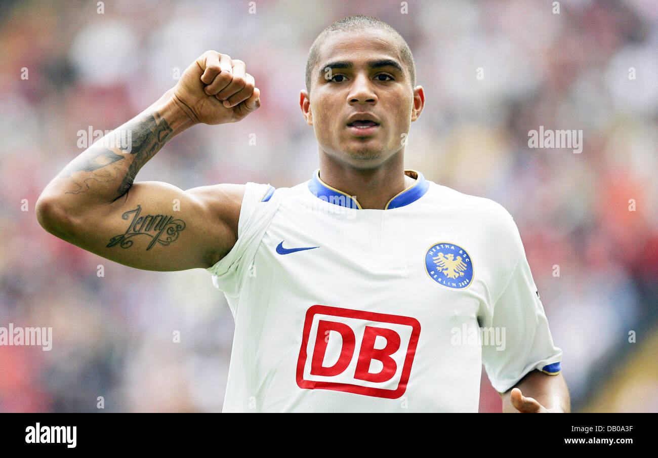 FILE - Player of Bundesliga club Hertha BSC Berlin, Kevin-Prince Boateng, makes a gesture after scoring during the Bundesliga match Eintracht Frankfurt vs Hertha BSC in Frankfurt Main, Germany, 19 May 2007.