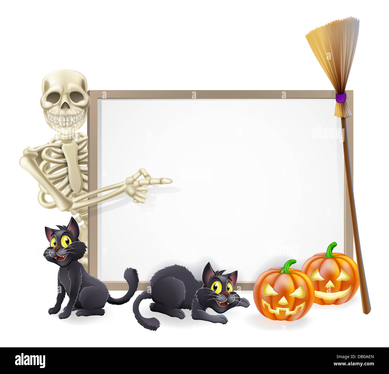 Halloween sign or banner, orange Halloween pumpkins and black witch's cats, witch's broom stick and cartoon skeleton character Stock Photo