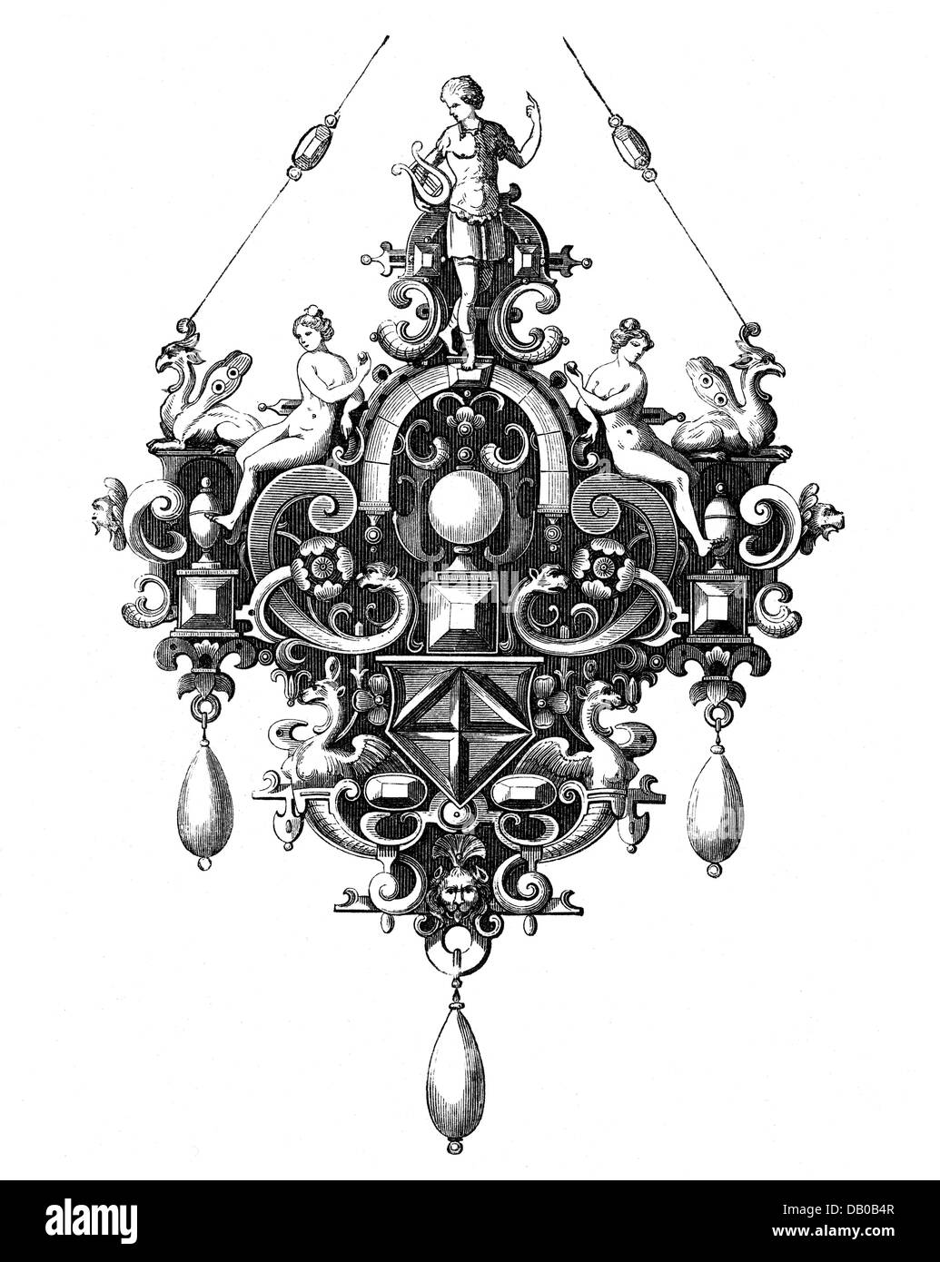 fine arts, handicrafts, pendant, based on a model by Benvenuto Cellini, 16th century, ancient cabinet, Imperial library, Paris, wood engraving, Additional-Rights-Clearences-Not Available Stock Photo