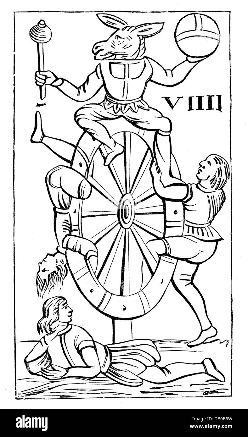 game, card, playing card, tarot, 16th century, Italy, wood engraving, collection of playing cards, Imperial library, Paris, Renaissance, minichiate, half length, wheel, wheels, fortune, luck, lucky, fortunate, fate, fates, upward, downward, donkey, donkeys, king, kings, imperial orb, globus cruciger, ruler, rising, rise, falling, fall, sceptre, scepter, sceptres, scepters, historic, historical, man, men, male, people, Additional-Rights-Clearences-Not Available Stock Photo