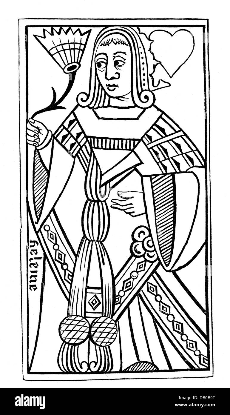 game, cards, playing card, French, Queen of Hearts, 'Helene', early 16th century, wood engraving, national library, Paris, Additional-Rights-Clearences-Not Available Stock Photo