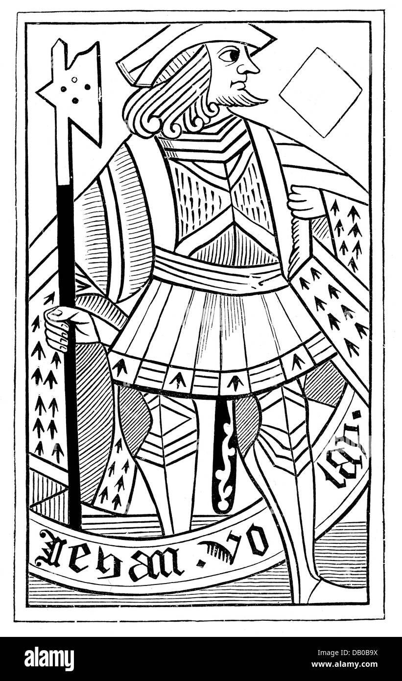 King, Queen and Jack playing cards (coloured wood engraving)