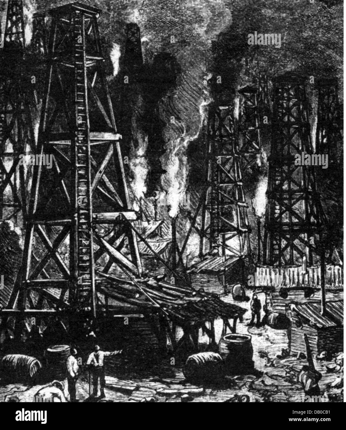 energy,crude oil,drilling derricks,Titusville,Pennsylvania,wood engraving,late 19th century,19th century,USA,United States of America,drilling derrick,wellhead,boring tower,boring trestle,drill tower,drill rig,drilling derricks,wellheads,boring towers,boring trestles,drill towers,drill rigs,oil extraction,oil production,crude oil,crude naphtha,raw oil,base oil,rock oil,crude petroleum,oil,resource,assign resources,raw material,raw materials,crude materials,oil boom,boom,industrialization,industrialisation,first commercial,Additional-Rights-Clearences-Not Available Stock Photo