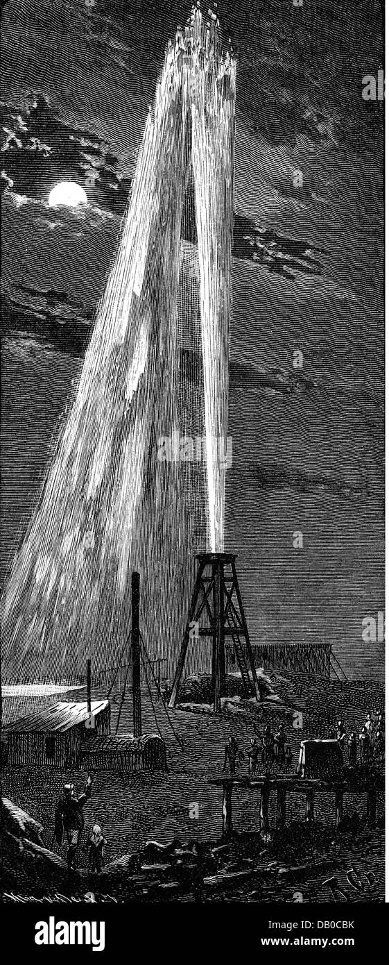 energy, petroleum, fountain shooting out of drilling derrick, Baku, circa 1870, Additional-Rights-Clearences-Not Available Stock Photo