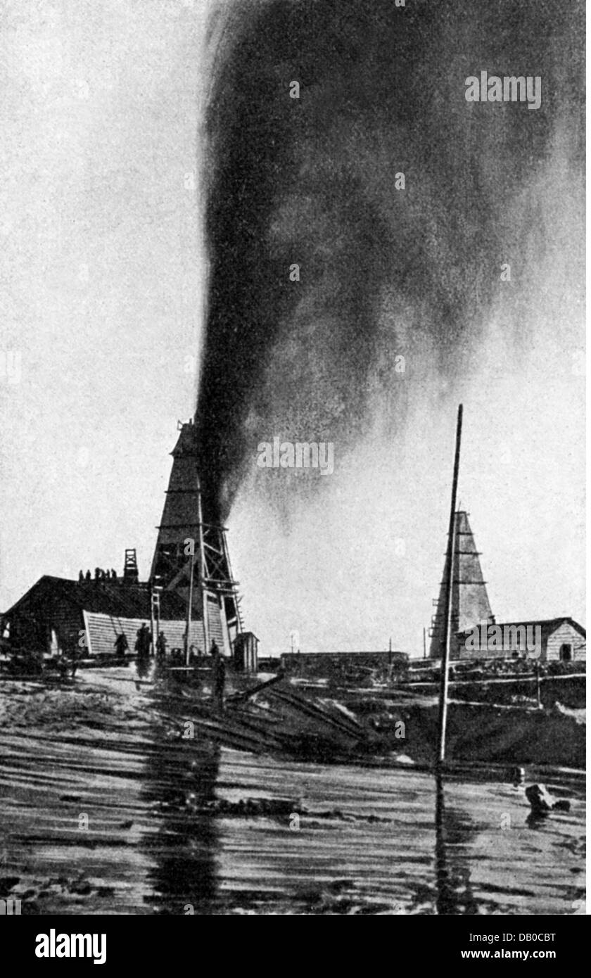 energy,petroleum,fountain shooting out of drilling derrick,Baku,late 19th century,19th century,20th century,Russia,Azerbaijan,drilling derrick,wellhead,boring tower,boring trestle,drill tower,drill rig,drilling derricks,wellheads,boring towers,boring trestles,drill towers,drill rigs,oil extraction,oil production,crude oil,crude naphtha,raw oil,base oil,rock oil,crude petroleum,oil,resource,assign resources,raw material,raw materials,crude materials,accident,accidents,disaster,disasters,catastrophe,catastrophes,pressure,,Additional-Rights-Clearences-Not Available Stock Photo