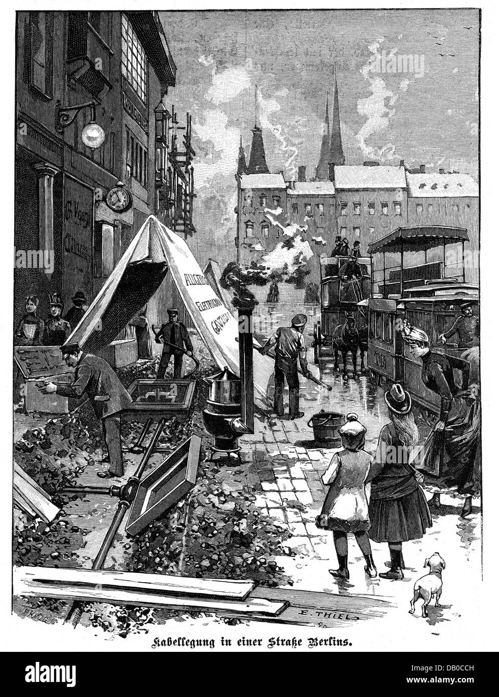 energy,gas,laying of gas lines in Berlin,wood engraving,by E. Thiel,late 19th century,19th century,street,streets,street scene,street scenes,pedestrian,pedestrians,passer-by,passerby,passers-by,sidewalk,pavements,sidewalks,construction work,pipe,pipes,pipe line,pipelines,pipe lines,pipeline,public supplies,gas supply,infrastructure,energy supply,power supply,supply of energy,tent,tents,construction worker,construction workers,working,work,oven,ovens,house,houses,pavement,paving,cobble,cobbles,progress,historic,his,Additional-Rights-Clearences-Not Available Stock Photo