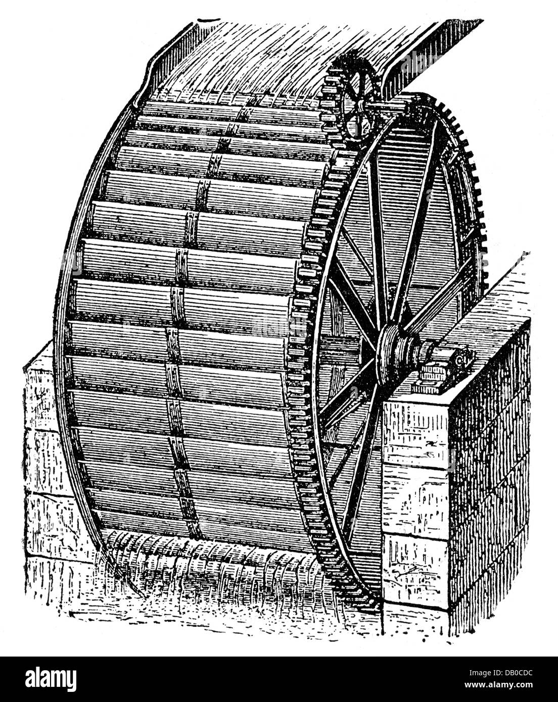 energy, water, water wheels, waterwheel, wood engraving, late 19th century, 19th century, technology, engineering, technologies, technics, impulsion, impulsions, driving power, motive power, power generation, water power, waterpower, hydropower, water powers, hydroelectricity, historic, historical, Additional-Rights-Clearences-Not Available Stock Photo