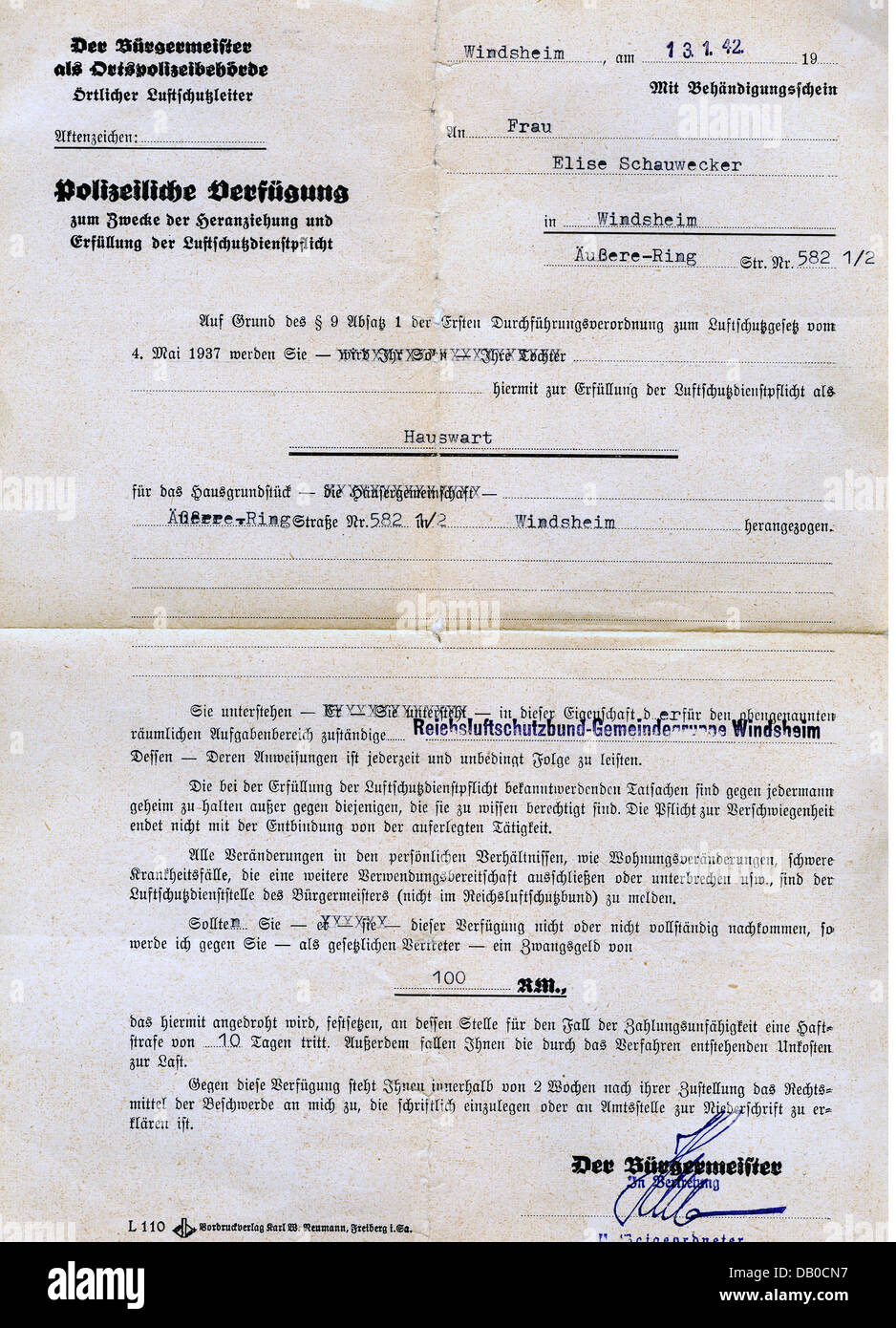 Second World War / WWII, aerial warfare, Germany, Air Raid Precautions, police decree, service obligation to Air Raid Precautions service, Windsheim, 13.1.1942, Additional-Rights-Clearences-Not Available Stock Photo