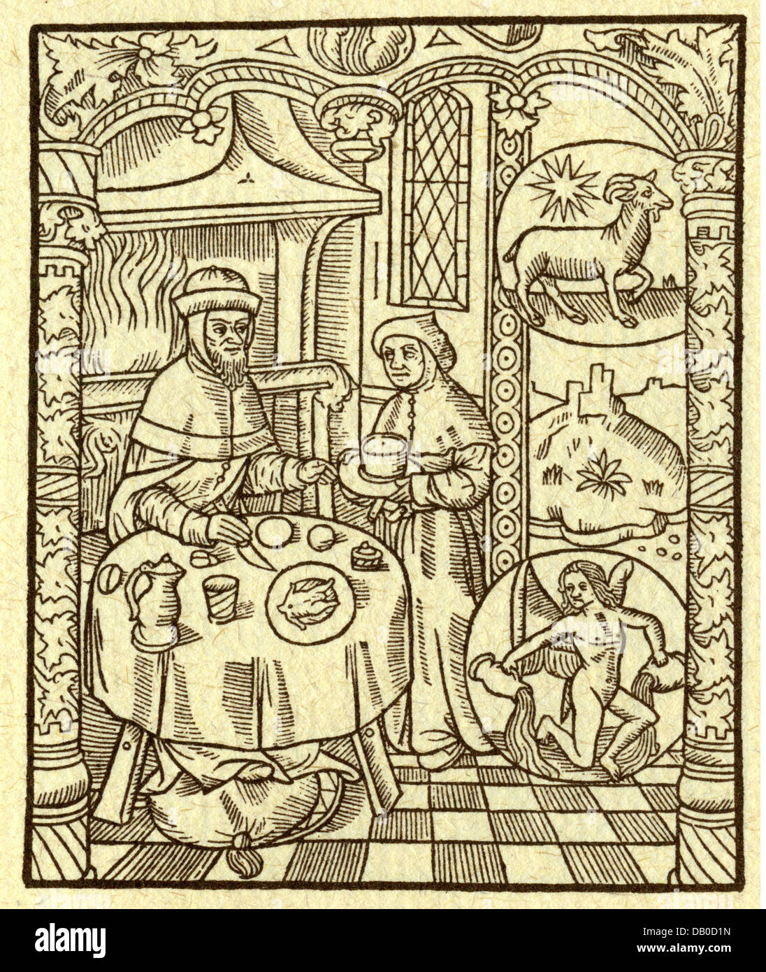 calendarium / calendars, labours of the months, January, woodcut, France, 15th century, Capricorn, Aquarius, sign, zodiac, month image, months, people, Middle Ages, winter, wintertime, wintertide, eating, eat, fireplace, fireplaces, table, tables, historic, historical, medieval, Additional-Rights-Clearences-Not Available Stock Photo
