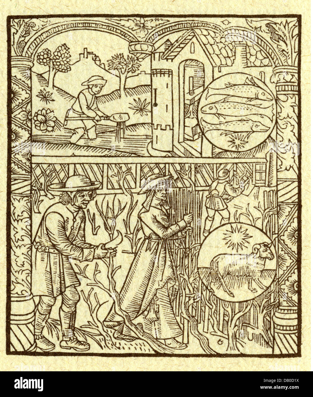 calendarium / calendars, labours of the months, March, woodcut, France, 15th century, Pisces, Aries, sign, zodiac, month image, months, people, Middle Ages, historic, historical,spring, springtime, springtide, fisherman, fisher, fishermen, fishing, grape vine, grape vines, vine, vines, trimming, cutting shape, trim, cut, trimming, cutting, agriculture, farming, medieval, Additional-Rights-Clearences-Not Available Stock Photo