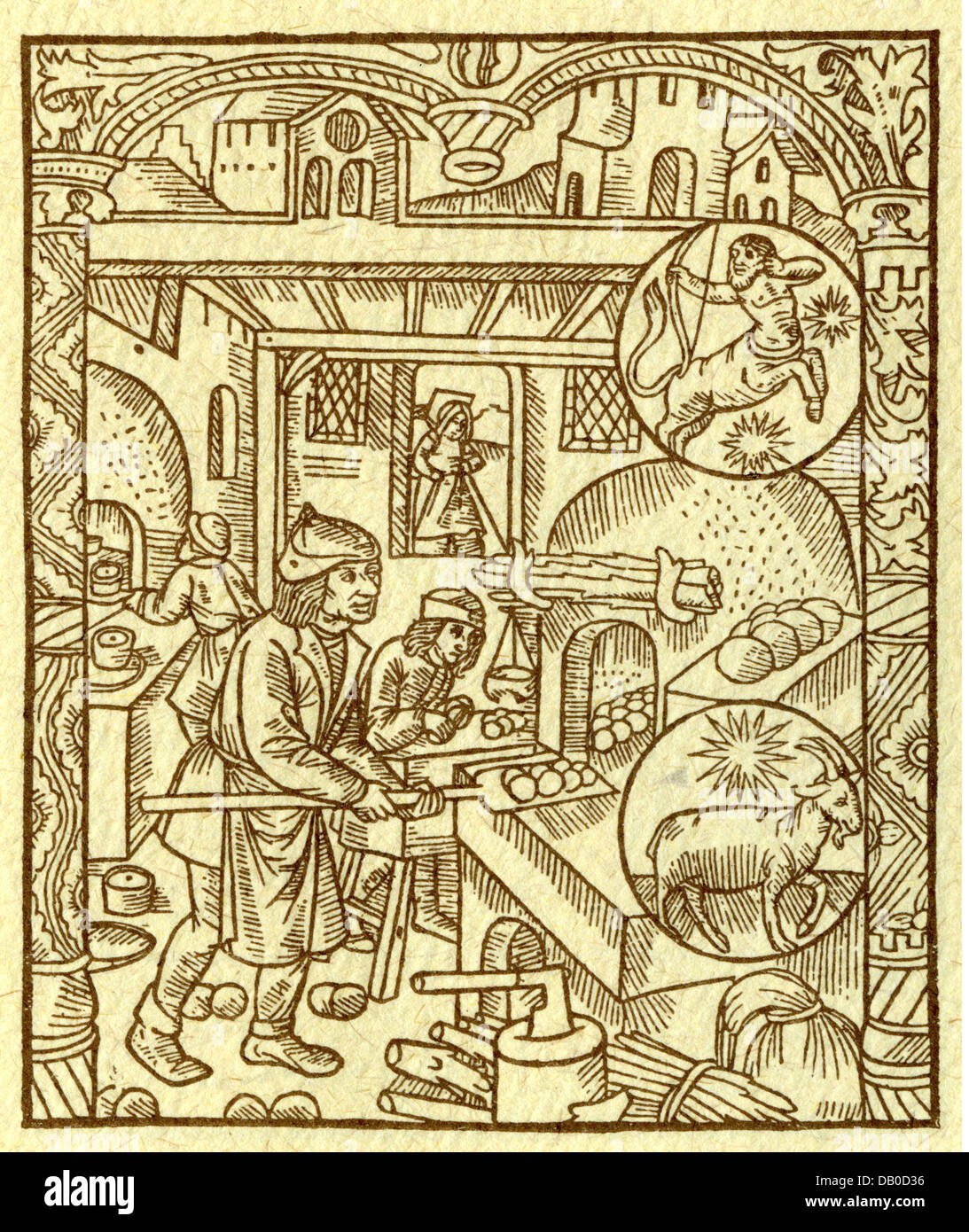 calendarium / calendars, labours of the months, December, woodcut, France, 15th century, Capricorn, Sagittarius, sign, zodiac, month image, months, people, Middle Ages, historic, historical, winter, wintertime, wintertide, baker, bakers, bread, breads, bake, baking, bake, baking, oven, ovens, furnace, medieval, Additional-Rights-Clearences-Not Available Stock Photo