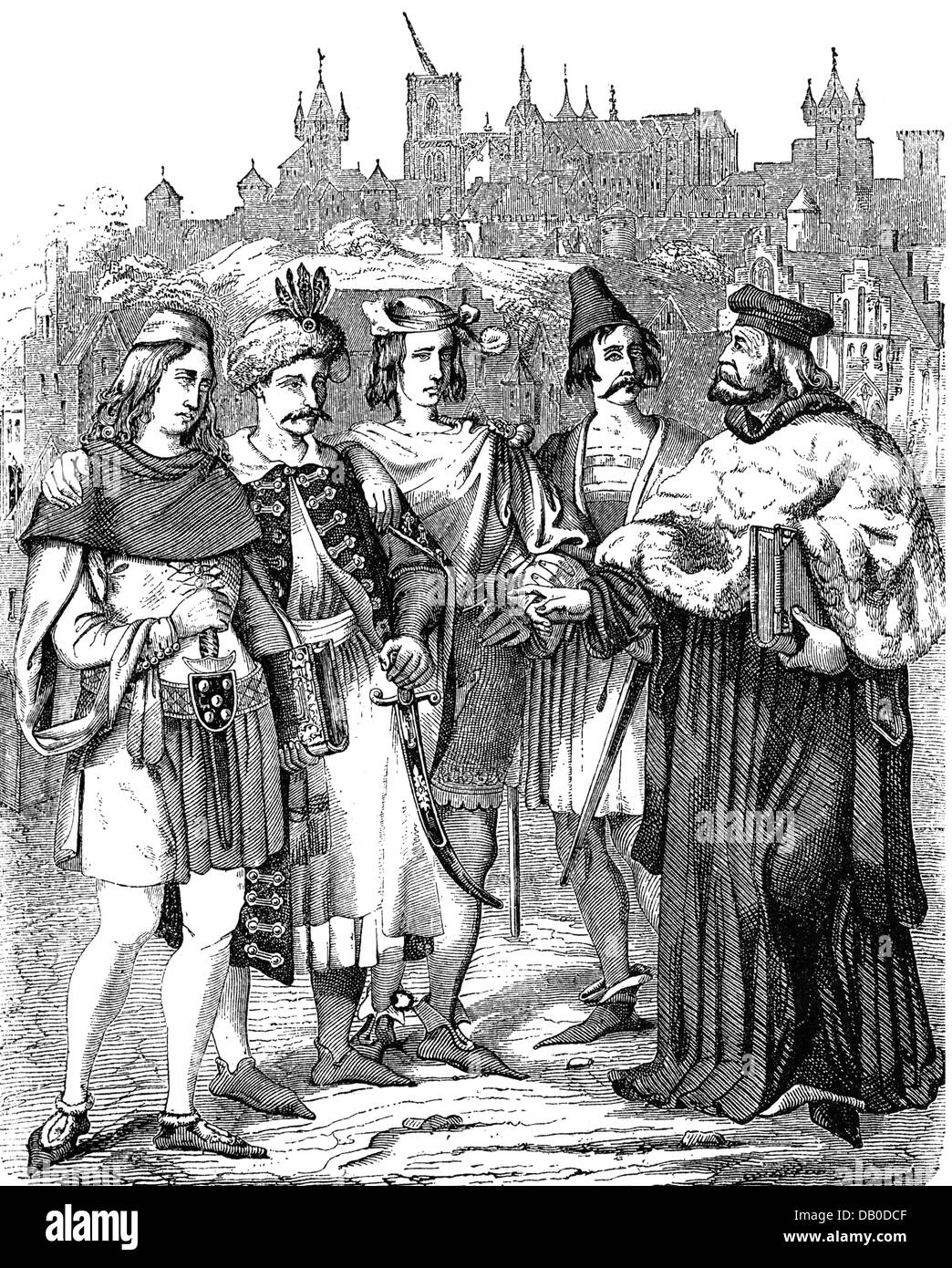 pedagogy, students, principal and students of different nationalities, University of Prague in the 14th century, wood engraving, 19th century, German, Polish, Czech, Hungarian, people, men, man, costume, costumes, traditional costume, national costume, dress, traditional costumes, national costumes, dresses, clothes, Charles university, Kingdom of Bohemia, Holy Roman Empire, HRE, Middle Ages, historic, historical, medieval, Additional-Rights-Clearences-Not Available Stock Photo