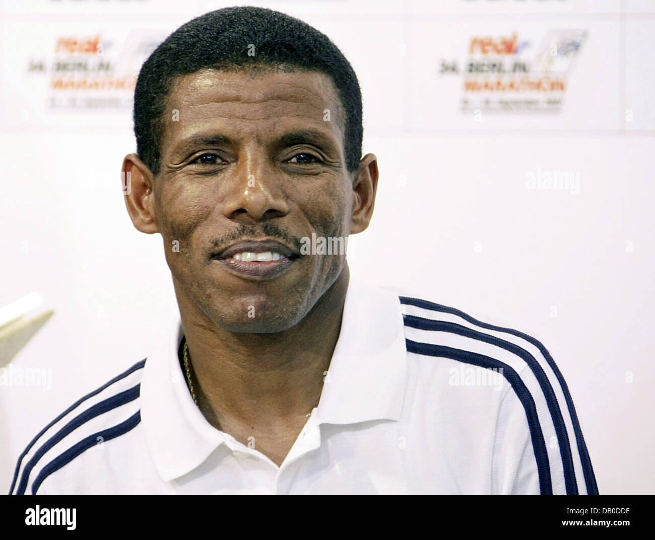 Ethiopian long-distance running legend Haile Gebrselassie smiles during a press conference on the 34rd Berlin Marathon in Berlin, Germany, 07 August 2007. Gebrselassie aims to repeat his last year's victory in the 34th Berlin Marathon on 30 September. Photo: Soeren Stache Stock Photo