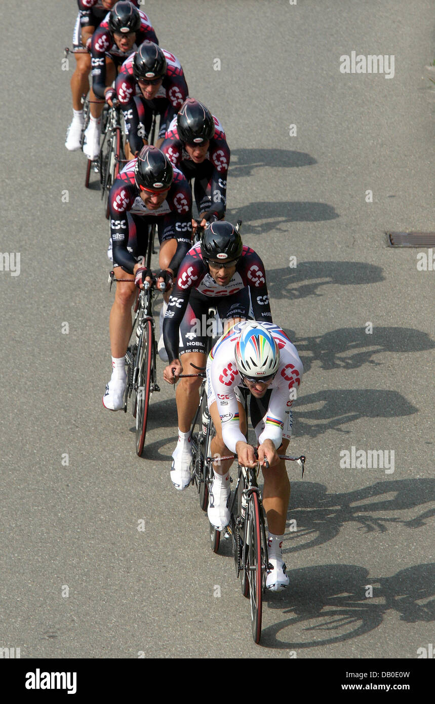 Fabian Cancellara leads the team CSC during the 42.2 km time trial loop of  the Germany Tour's second leg in Bretten, Germany, 11 August 2007. The  Germany Tour leads from Saarbruecken to