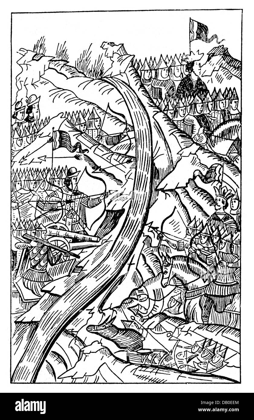 Mongol Raids in Russia 1223 - 1480, great stand on the Ugra River, 1480, woodcut, Russian chronicle, 16th century, Additional-Rights-Clearences-Not Available Stock Photo