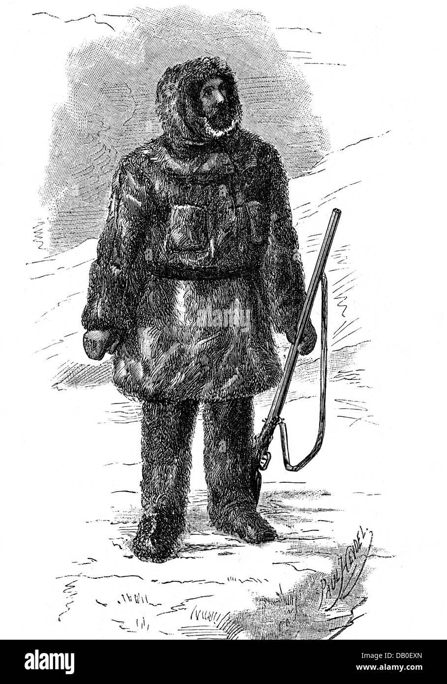 science, polar research, arctic explorer with fur suit, wood engraving, 2nd  half 19th century, weapons, arms, weapon, arm, rifle, gun, rifles, guns,  fur, furs, clothes, outfit, outfits, polar expedition, polar expeditions,  people