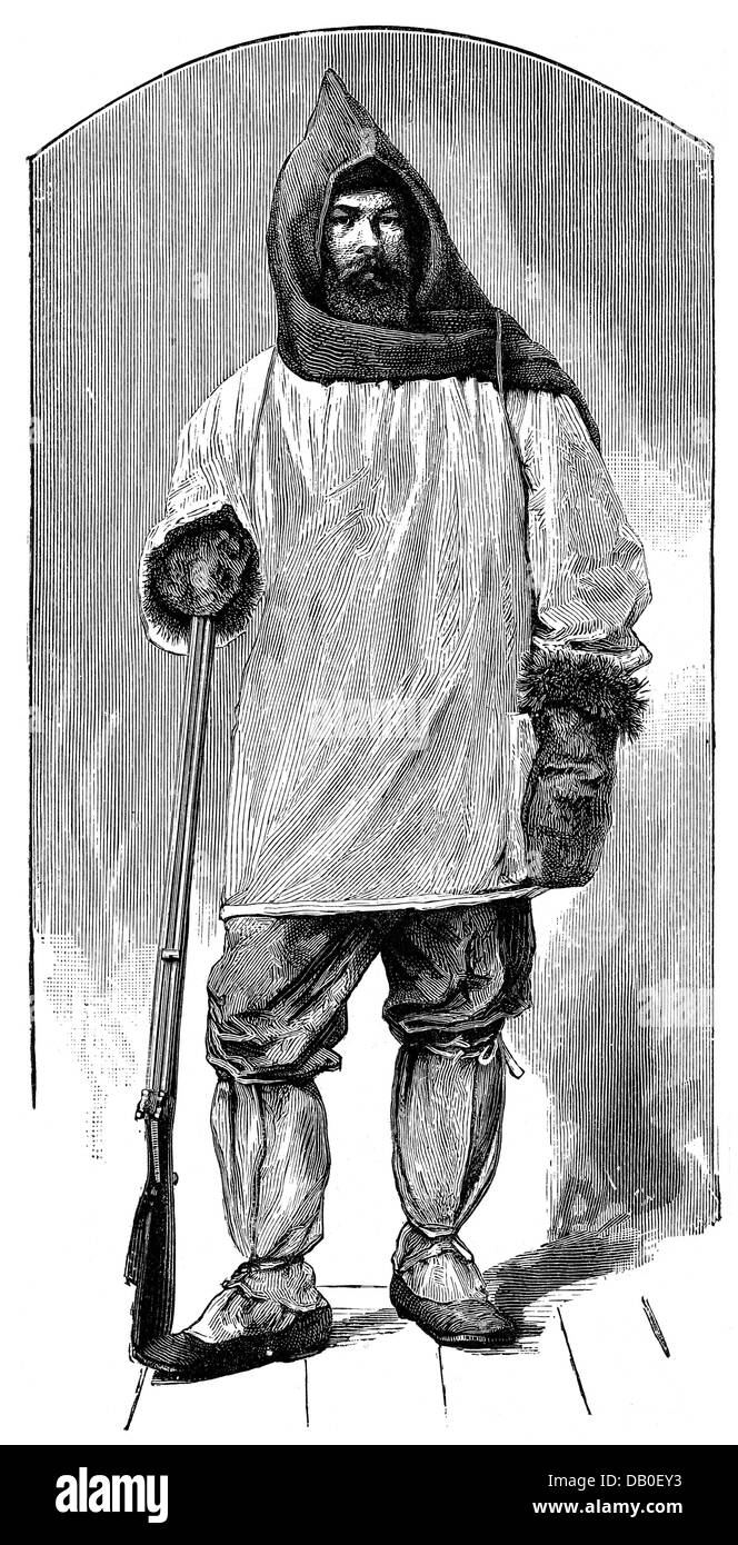 science, polar research, arctic explorer with winter cloth, wood engraving, 2nd half 19th century, weapons, arms, weapon, arm, rifle, gun, rifles, guns, fur, furs, clothes, outfit, outfits, polar expedition, polar expeditions, people, men, man, exploration, explorations, arctic, historic, historical, male, Additional-Rights-Clearences-Not Available Stock Photo