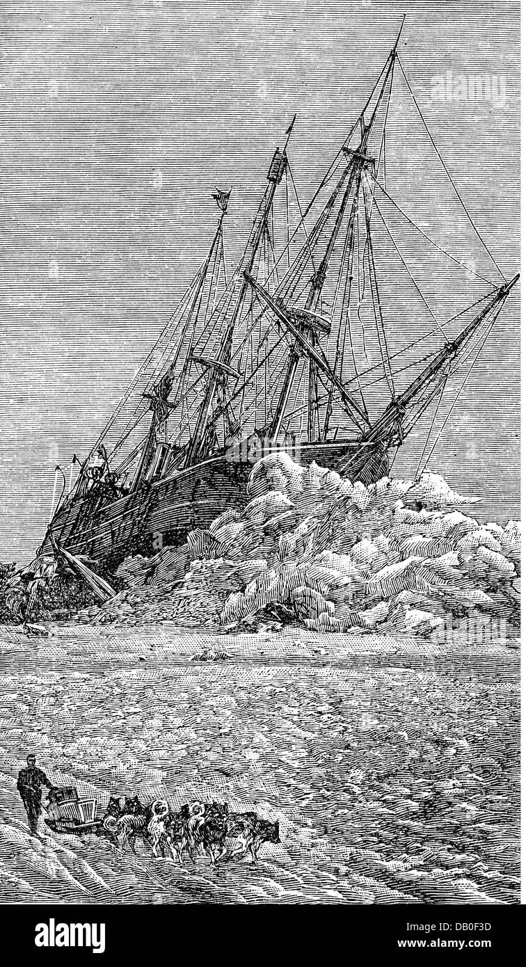 science, polar research, lifting of a ships by ice pressing, wood engraving, late 19th century, transport, transportation, navigation, ships, ship, snow, ice, icing, glaciation, weather, weathers, polar expedition, polar expeditions, exploration, explorations, arctic, historic, historical, people, Additional-Rights-Clearences-Not Available Stock Photo