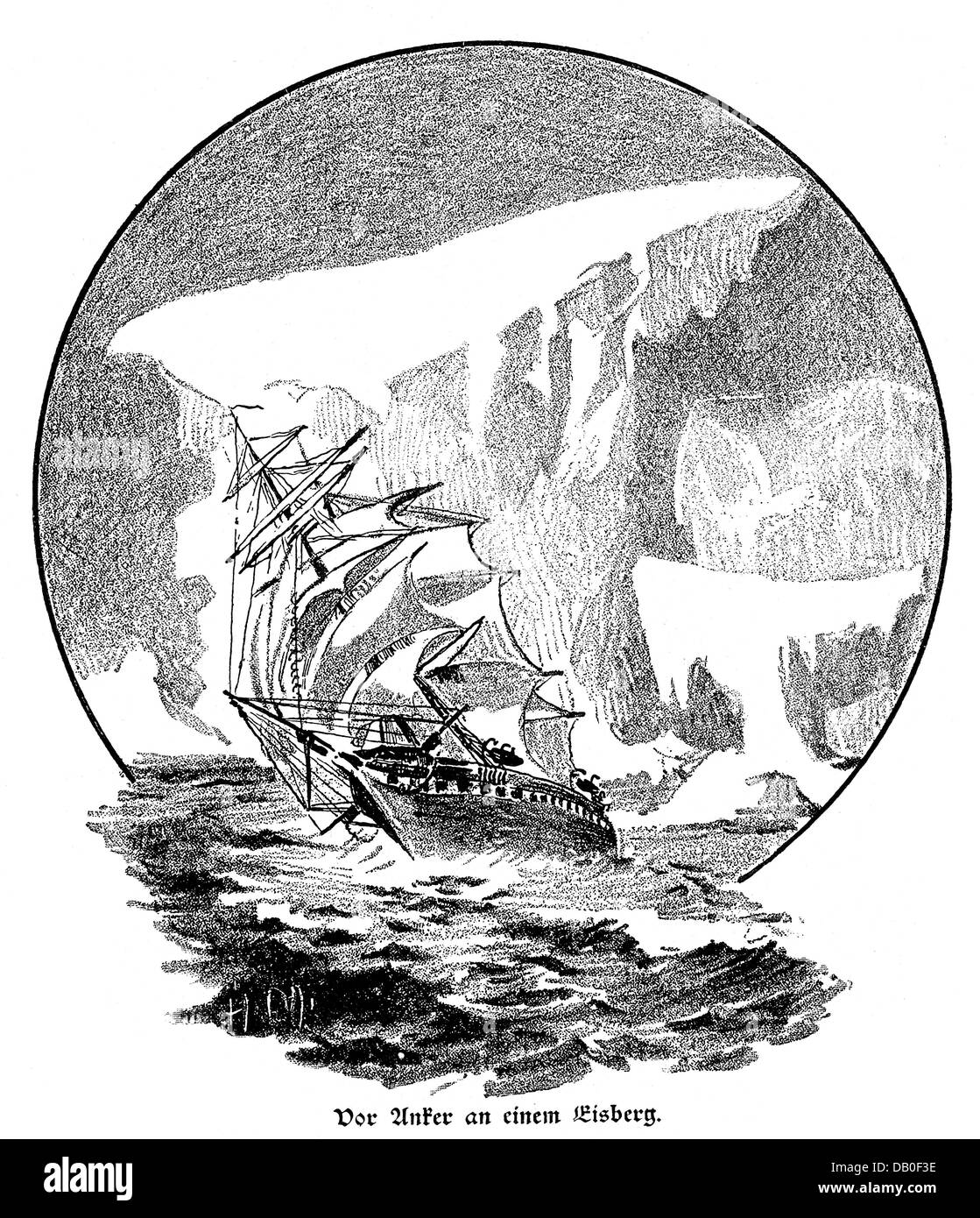 science, polar research, ship anchoring in front of an iceberg, wood engraving, 2nd half 19th century, transport, transportation, navigation, ships, ice, icebergs, polar expedition, polar expeditions, exploration, explorations, arctic, historic, historical, Additional-Rights-Clearences-Not Available Stock Photo