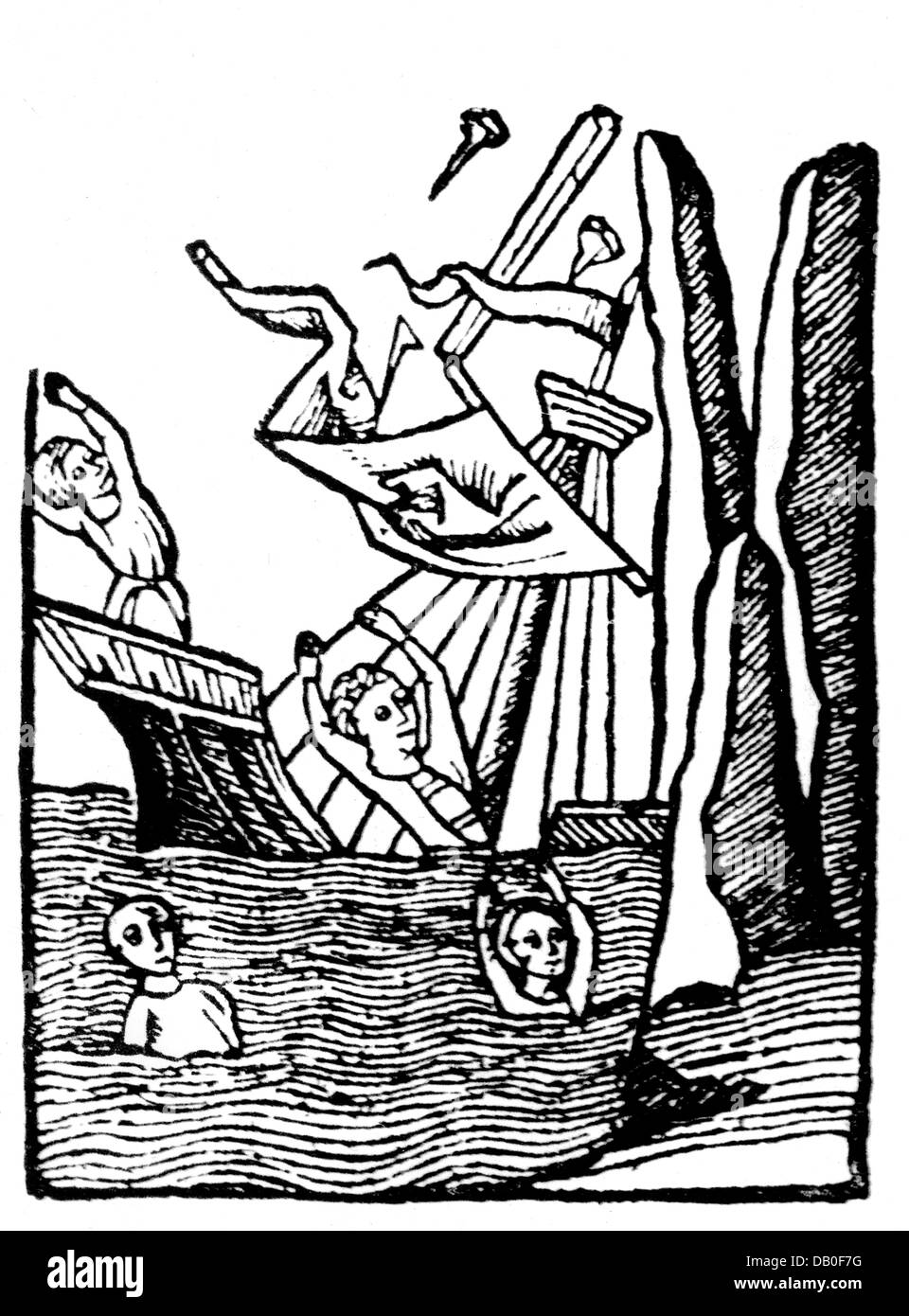 literature, legends, a ship smashes on the magnetic mountain in the arctic, woodcut, 'Hortus sanitatis', 1485, Additional-Rights-Clearences-Not Available Stock Photo
