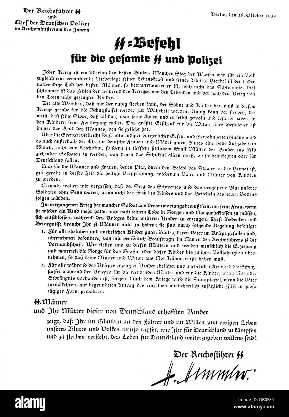Nazism / National Socialism, organisations, Schutzstaffel (SS), secret decree of the Reichsfuehrer-SS Heinrich Himmler about the nursing of all conjugal and illegitimate children of 'good blood', Berlin, 28.10.1939, Additional-Rights-Clearences-Not Available Stock Photo