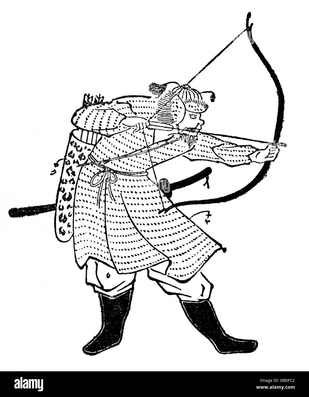 Mongol Invasions in Japan 1274 - 1281, Mongolian archer, drawing, after 'Moko Shurai Ekotoba',between 1275 and 1293, Additional-Rights-Clearences-Not Available Stock Photo