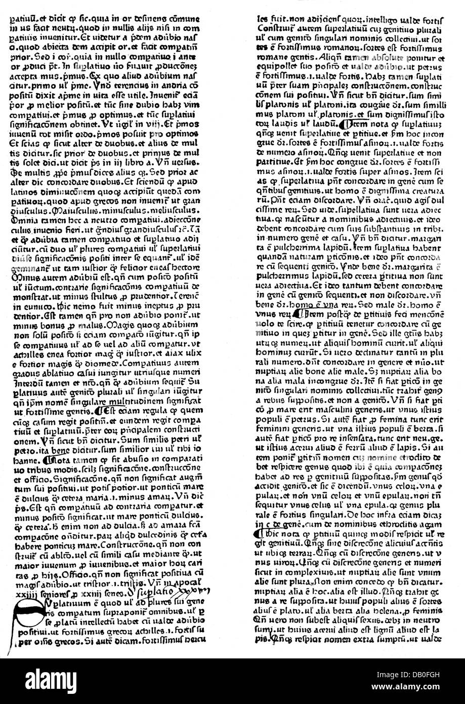 science, dictionaries, 'Summa grammaticalis quae vocatur Catholicon', Latin dictionary of the Bible by Johannes Balbus, 1286, printed page, Mainz, 1460, Additional-Rights-Clearences-Not Available Stock Photo