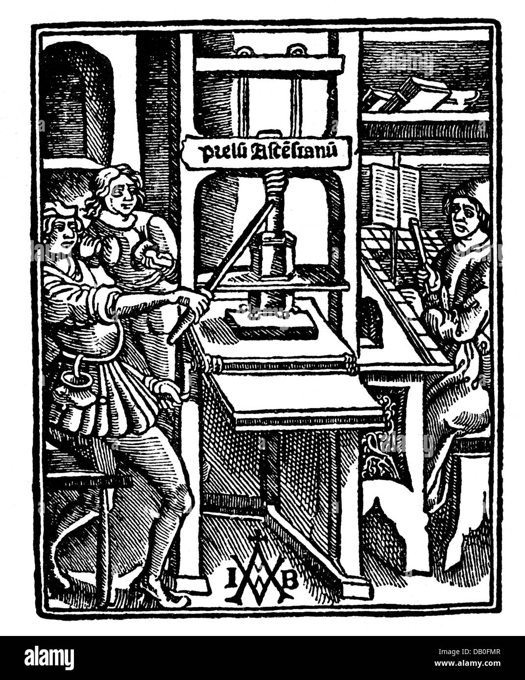 industry, print shop, printing press, printing sign of Josse Bade, Paris, circa 1520, Additional-Rights-Clearences-Not Available Stock Photo