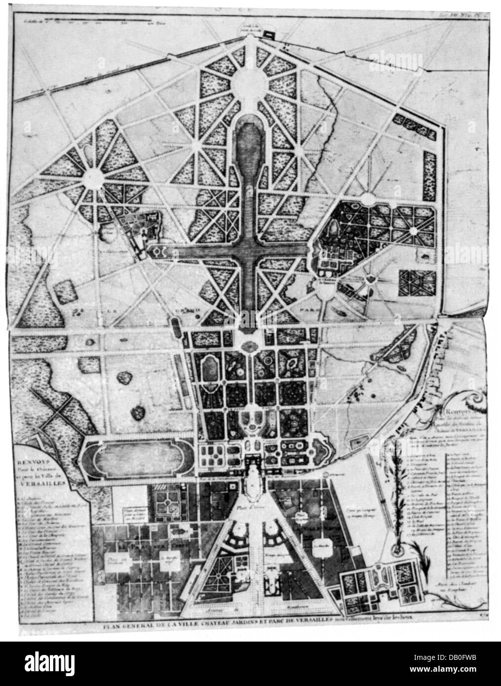 architecture, castles, Versailles, overall plan, architect: Louis Le Vau, Francois d'Orbay, Jules Hardouin-Mansart, Robert le Cotte, copper engraving by Jacques Francois Blondel, 'Architecture Francois', Paris, 1756, Artist's Copyright has not to be cleared Stock Photo