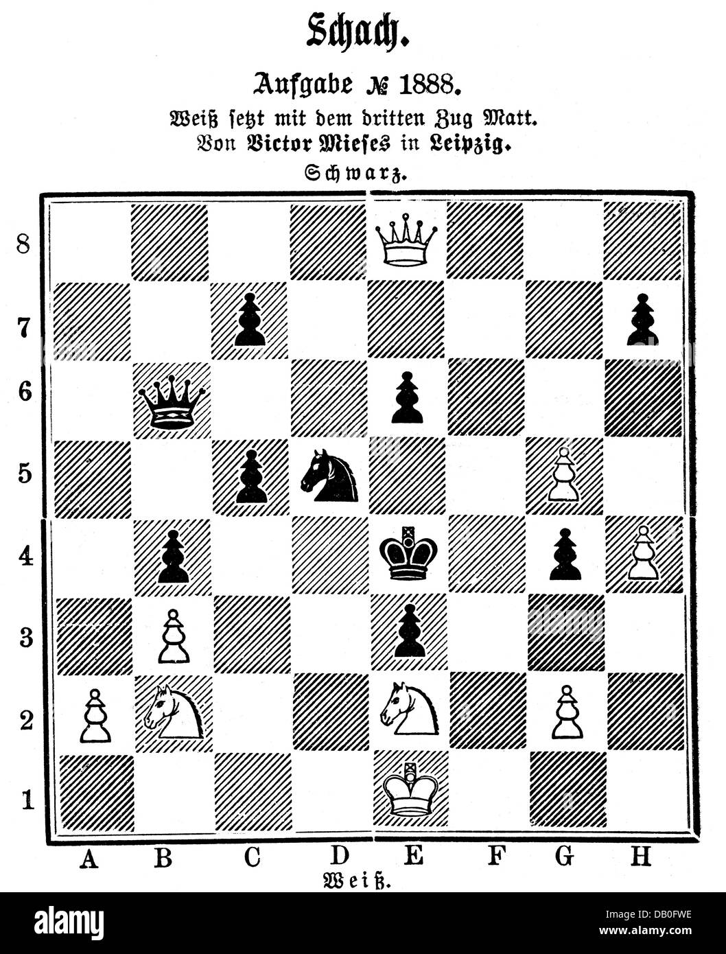 game, board game, chess, wood engraving, black mate in three move, by Viktor Mieses, 'Illustrirte Zeitung', Leipzig, 9.6.1883, Additional-Rights-Clearences-Not Available Stock Photo