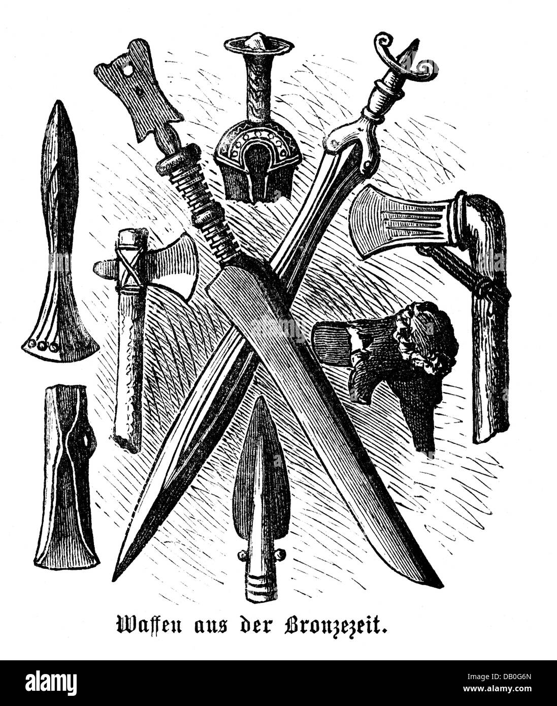 weapons, prehistory, weapons from the Bronze Age, wood engraving, 1872