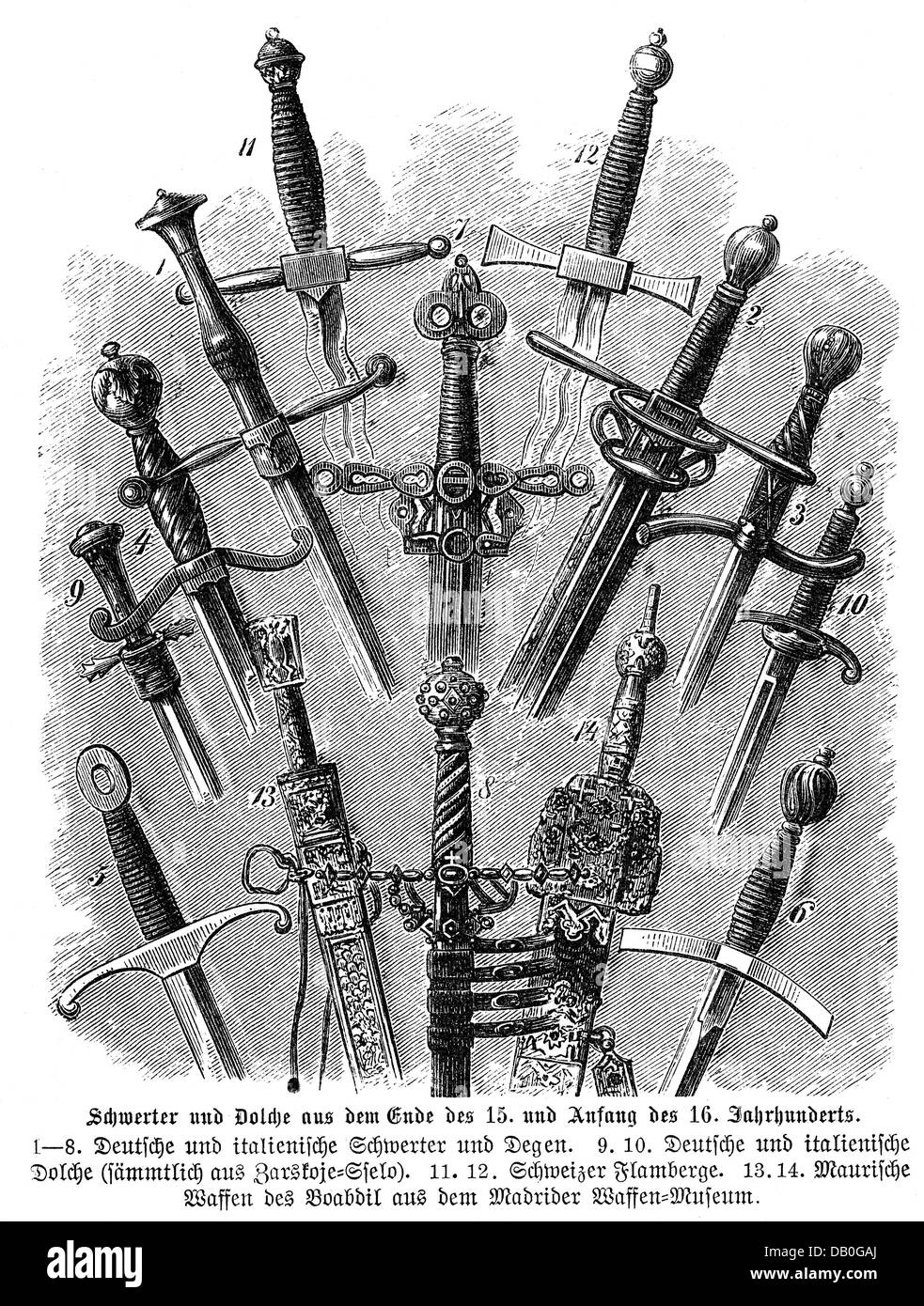 weapons, modern times, swords and daggers, late 14th / early 15th century, 1 - 8: German and Italian sword and rapiers, 9 und 10: German and Italian daggers, 11 und 12: Swiss flamberge, 13 und 14: Moorish weapons of Boabdil, wood engraving, 1872, Additional-Rights-Clearences-Not Available Stock Photo