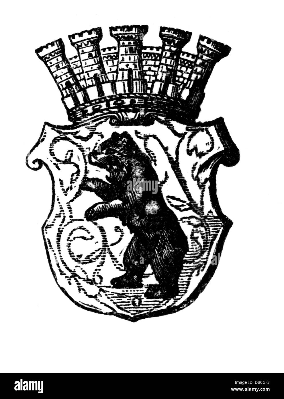 heraldry, coat of arms, Germany, city arms, Berlin, wood engraving, late 19th century, eagle, bear, Kingdom of Prussia, German Empire, Imperial Era,Central Europe, historic, historical, Additional-Rights-Clearences-Not Available Stock Photo