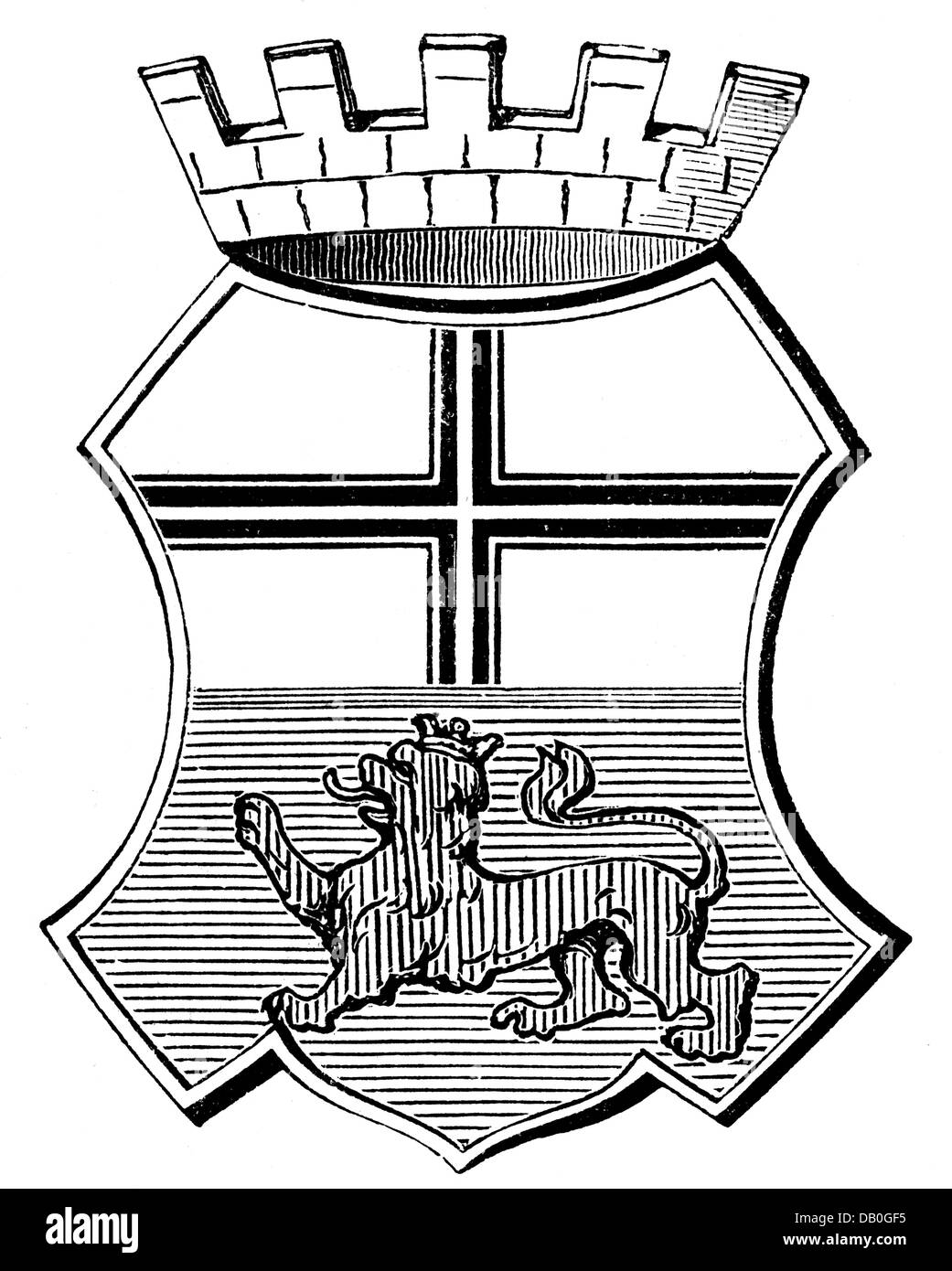 heraldry, coat of arms, Germany, city arms, Bonn, wood engraving, late 19th century latin cross, lion, North Rhine-Westphalia, North Rhine - Westphalia, Kingdom of Prussia, Rhine Province, German Empire, Imperial Era, Central Europe, historic, historical, Additional-Rights-Clearences-Not Available Stock Photo