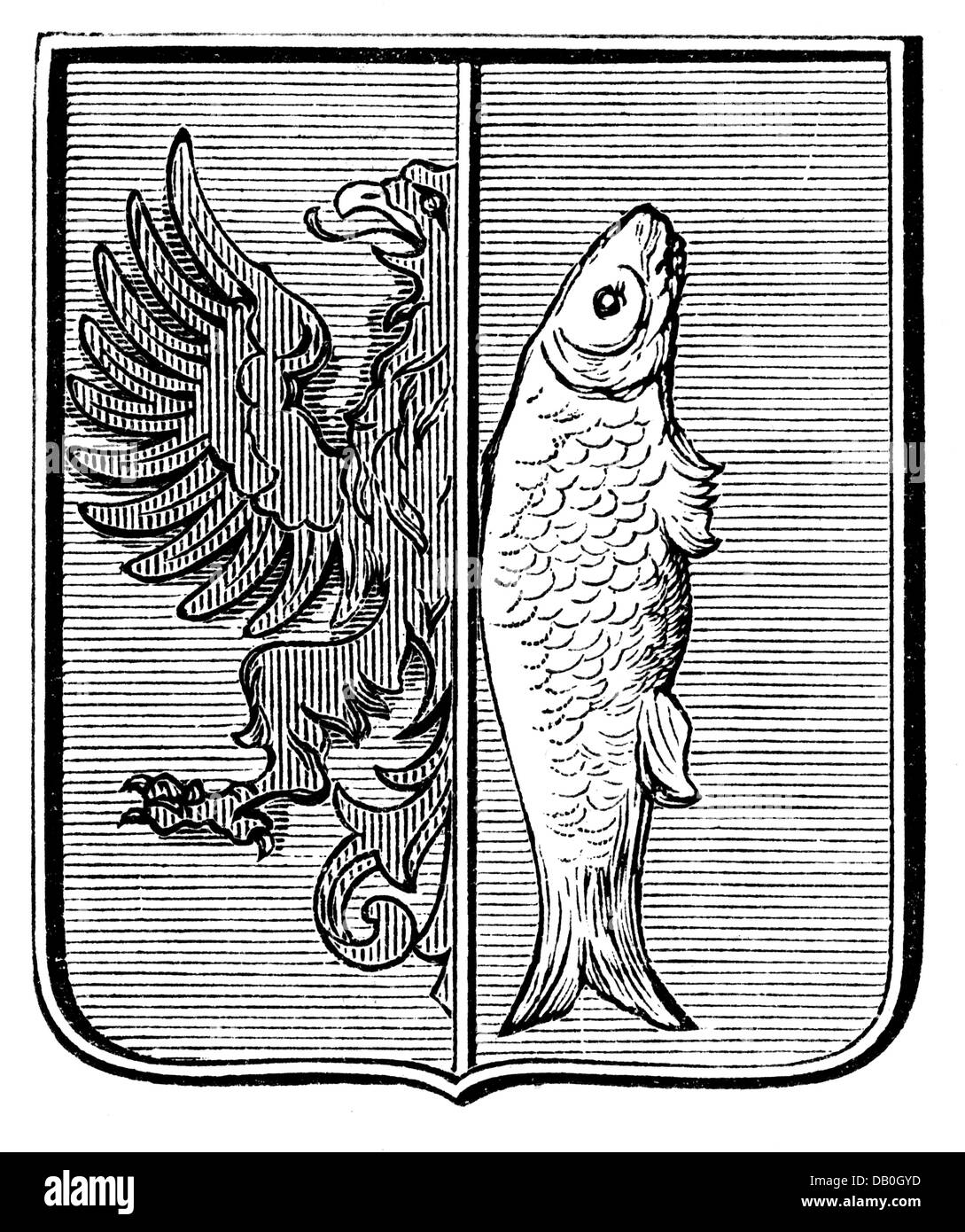 heraldry, coat of arms, Poland, city arms, Kostrzyn nad Odra, wood engraving, 1893, Additional-Rights-Clearences-Not Available Stock Photo