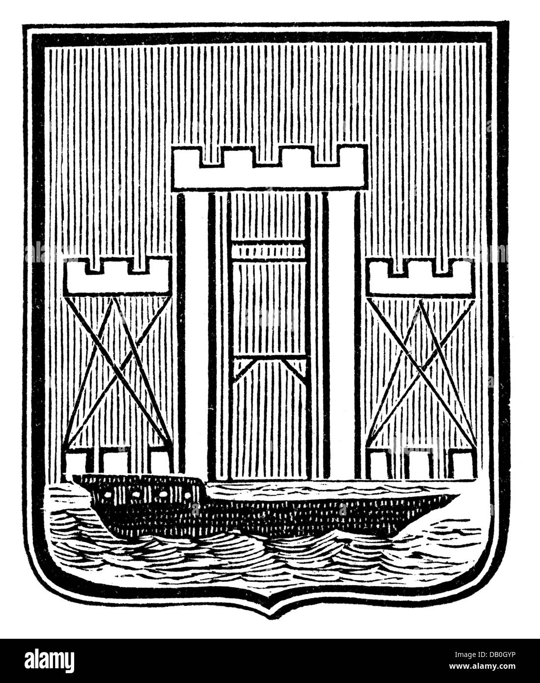heraldry, coat of arms, Lithuania, city arms, Klaipeda, wood engraving, 1893, Additional-Rights-Clearences-Not Available Stock Photo