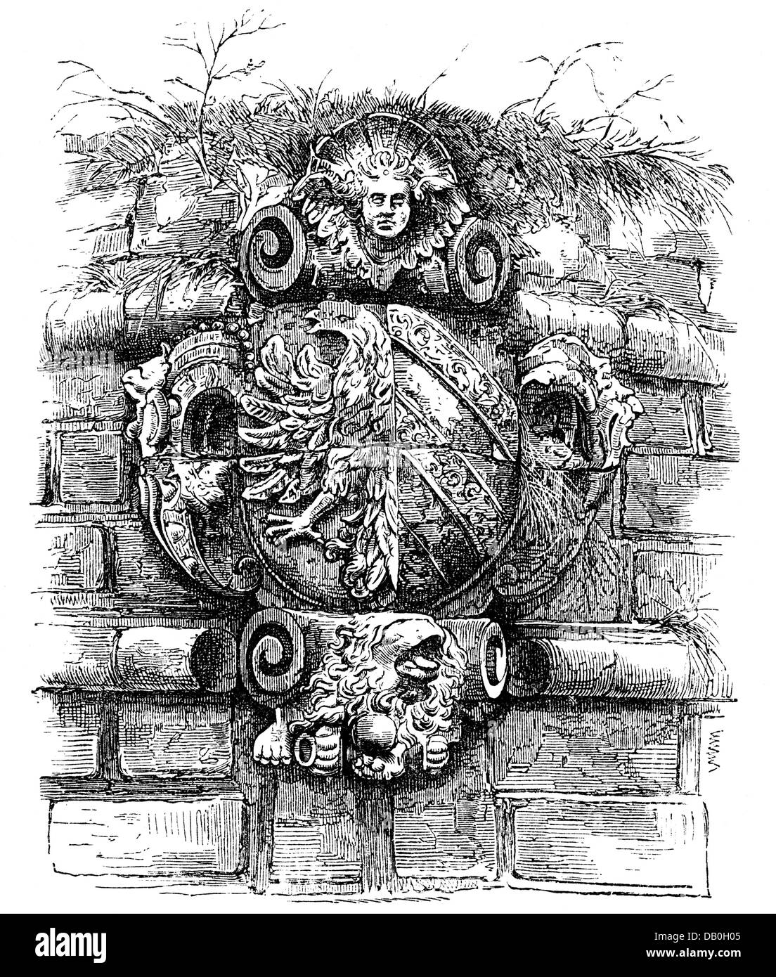 heraldry, coat of arms, Germany, city arms, Nuremberg, relief at Woehrder Gate bastion (until 1871), wood engraving, late 19th century, eagle, Middle Franconia, Kingdom of Bavaria, German Empire, Imperial Era, Central Europe, historic, historical, Wohrder, Wohrdertor, Woehrdertor, Wohrdertor, Wöhrdertor, Wöhrder, Additional-Rights-Clearences-Not Available Stock Photo