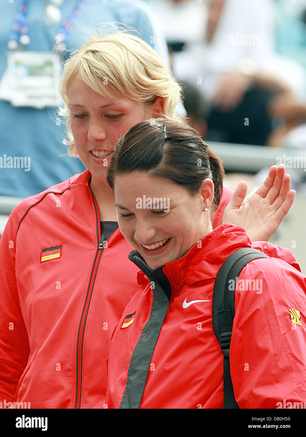 German athletes Christina Obergfoell (L) and Linda Stahl cheer after they qualified for the javelin throw final at the IAAF World Championships 2007 in Osaka, Japan, 29 August 2007. Photo: Gero Breloer Stock Photo
